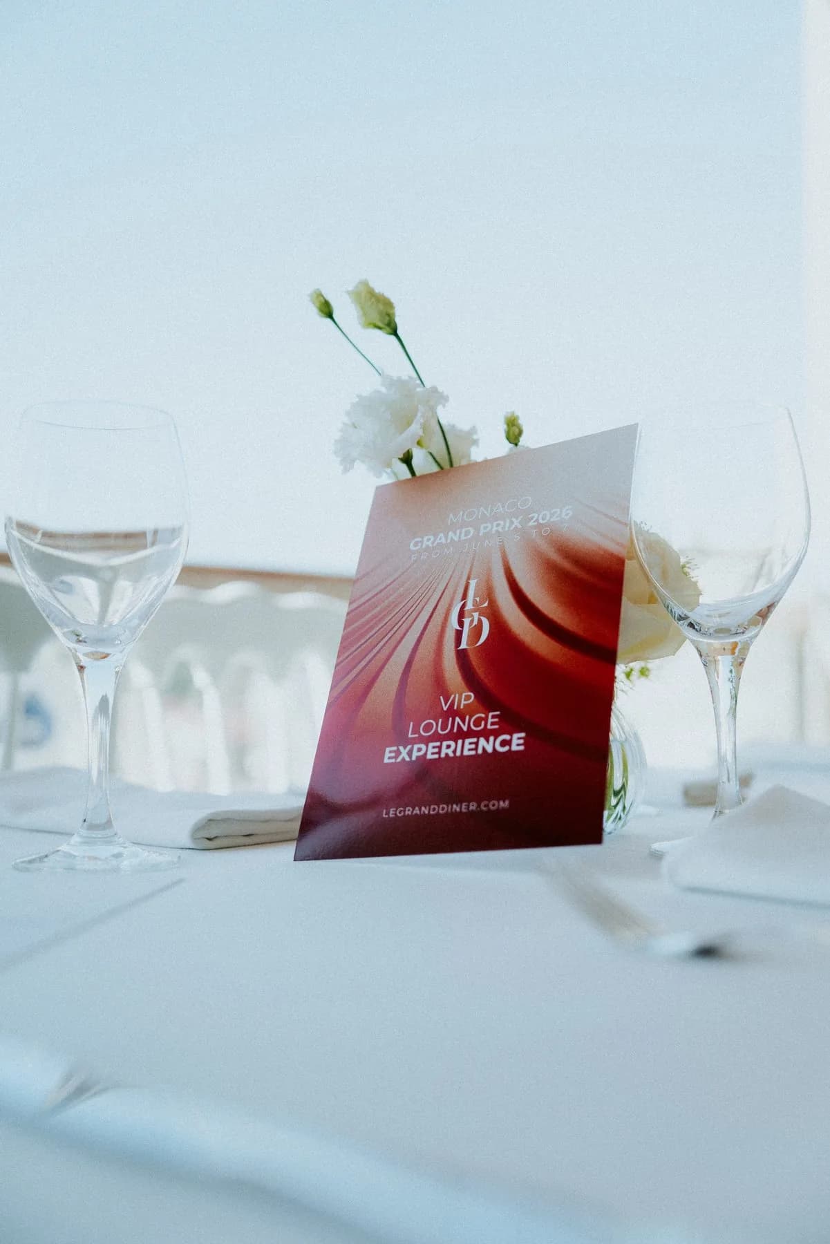 Table set with menu on the 8th-floor Beau Rivage Gold terrace during the Monaco Grand Prix
