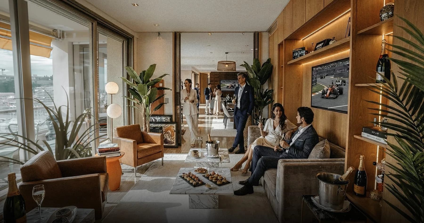 Hospitality lounge on a terrace, with armchairs, sofas and a view over the harbour