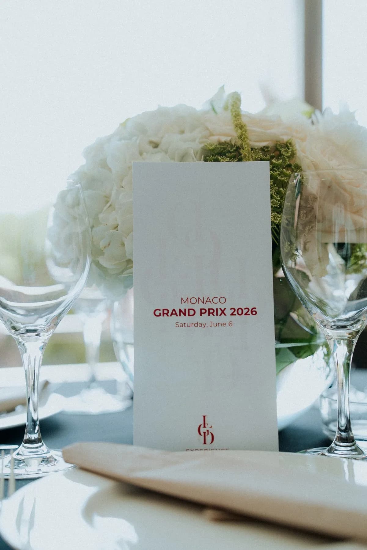 Table set with flowers on the Bronze Caravelle terrace during the Monaco Grand Prix